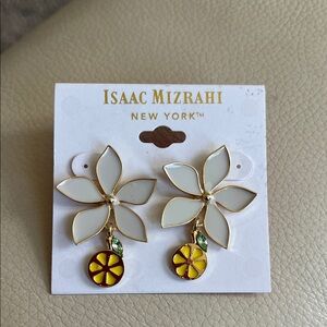 Isaac Mizrahi White Enamel Flower Drop Earrings Yellow Citrus - lemon Charm. New